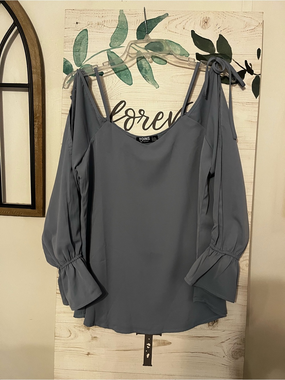 YOINS Women's Slate Gray Cold-Shoulder Tie-Strap Blouse